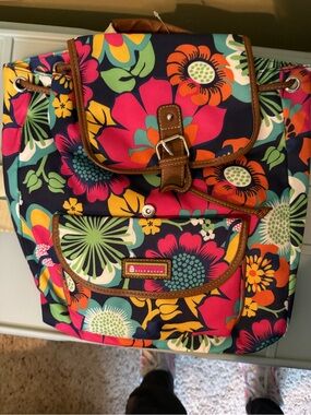Lily Bloom Navy Floral Drawstring Backpack with Brown Trim